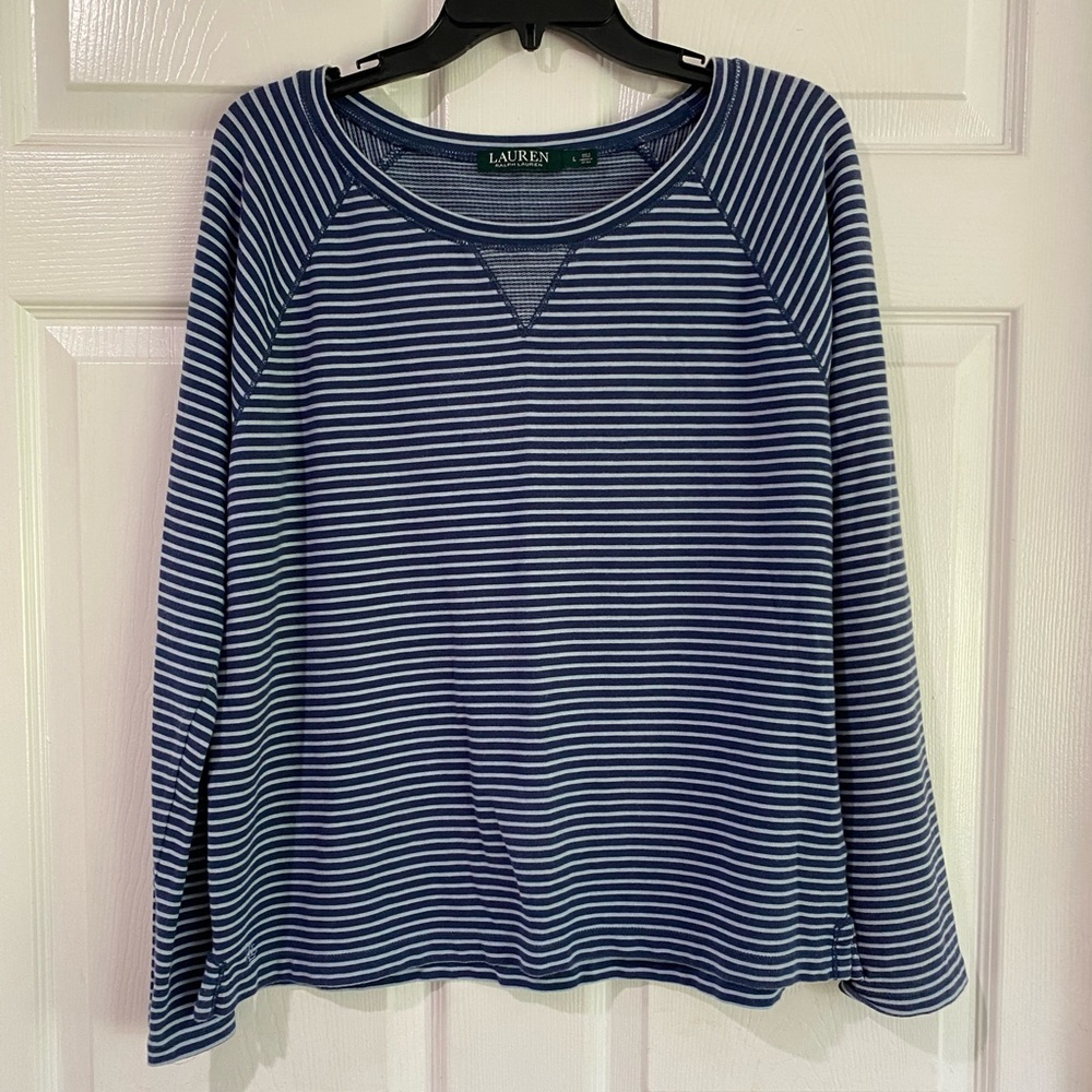 Lauren Ralph Lauren LRL Striped Long Sleeve Sweater Top Large Preppy Blue